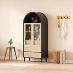 Meuble de rangement haut de 70 po avec étagères réglables, armoire de garde-manger moderne en bois avec lumières LED, portes en verre trempé et 3 tiroirs