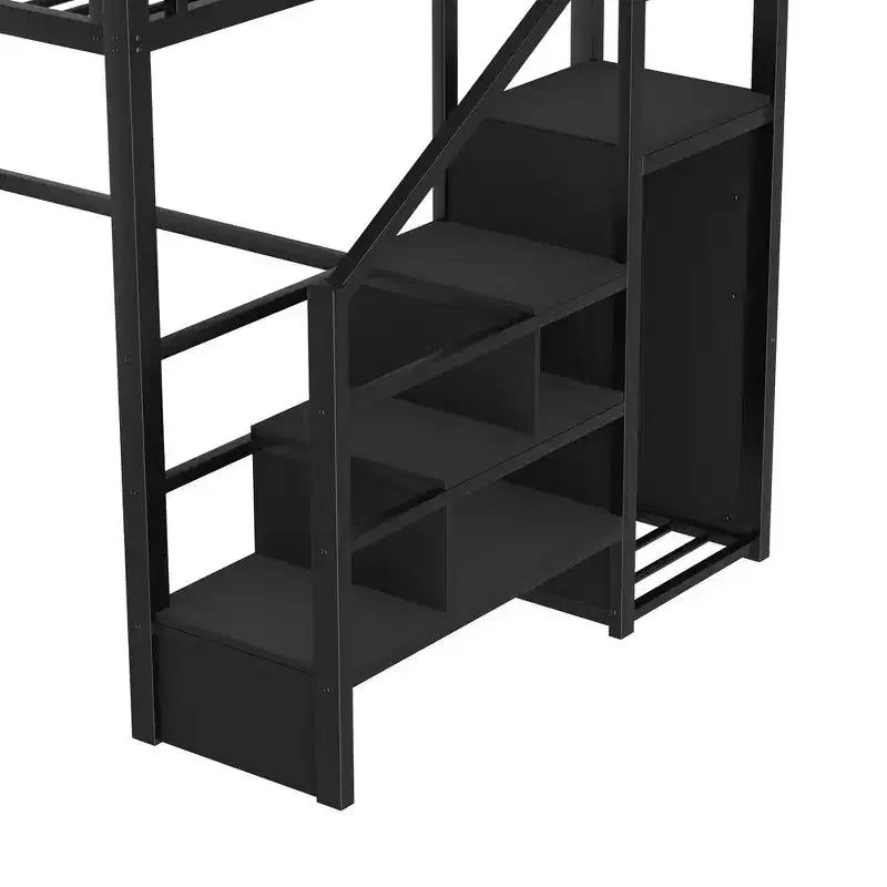 Lit mezzanine complet en métal Whisen avec escaliers, garde-corps hauts en forme de maison et armoire pour enfants et adolescents