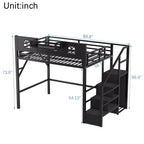 Lit mezzanine complet en métal Whisen avec escaliers, garde-corps hauts en forme de maison et armoire pour enfants et adolescents