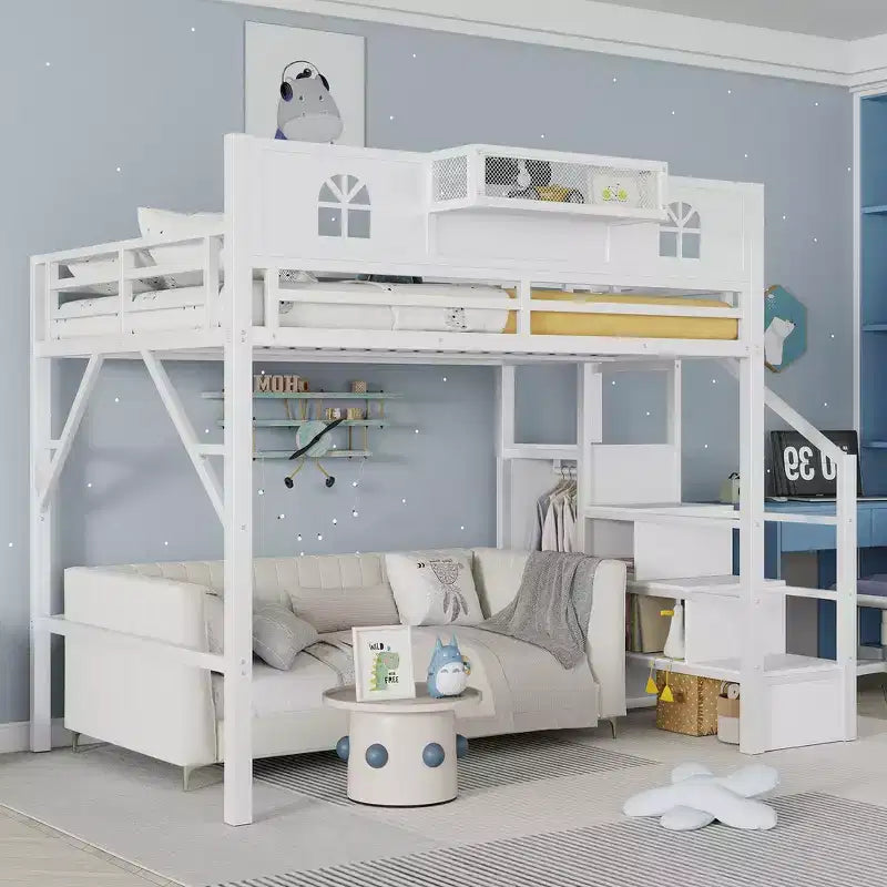 Lit mezzanine complet en métal Whisen avec escaliers, garde-corps hauts en forme de maison et armoire pour enfants et adolescents