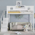 Lit mezzanine complet en métal Whisen avec escaliers, garde-corps hauts en forme de maison et armoire pour enfants et adolescents