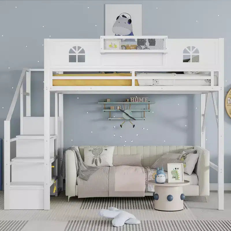 Lit mezzanine complet en métal Whisen avec escaliers, garde-corps hauts en forme de maison et armoire pour enfants et adolescents