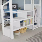 Lit mezzanine complet en métal Whisen avec escaliers, garde-corps hauts en forme de maison et armoire pour enfants et adolescents