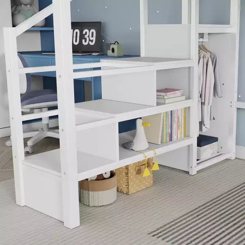 Lit mezzanine complet en métal Whisen avec escaliers, garde-corps hauts en forme de maison et armoire pour enfants et adolescents