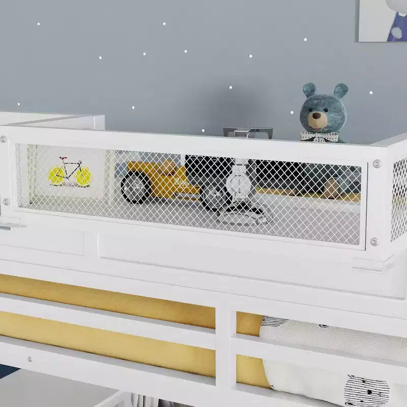 Lit mezzanine complet en métal Whisen avec escaliers, garde-corps hauts en forme de maison et armoire pour enfants et adolescents