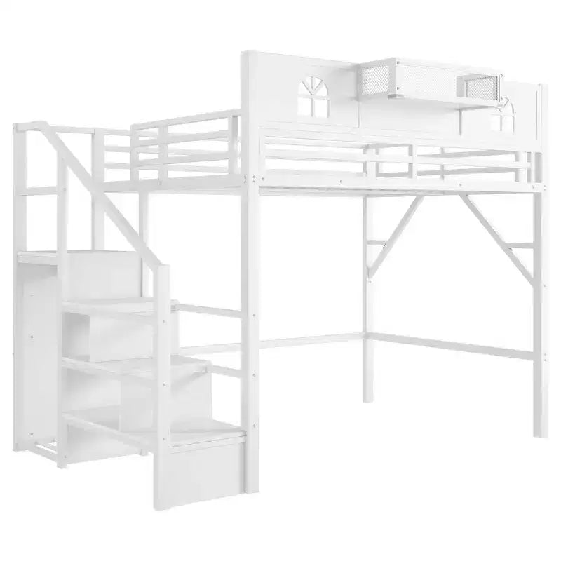 Lit mezzanine complet en métal Whisen avec escaliers, garde-corps hauts en forme de maison et armoire pour enfants et adolescents