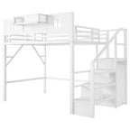 Lit mezzanine complet en métal Whisen avec escaliers, garde-corps hauts en forme de maison et armoire pour enfants et adolescents