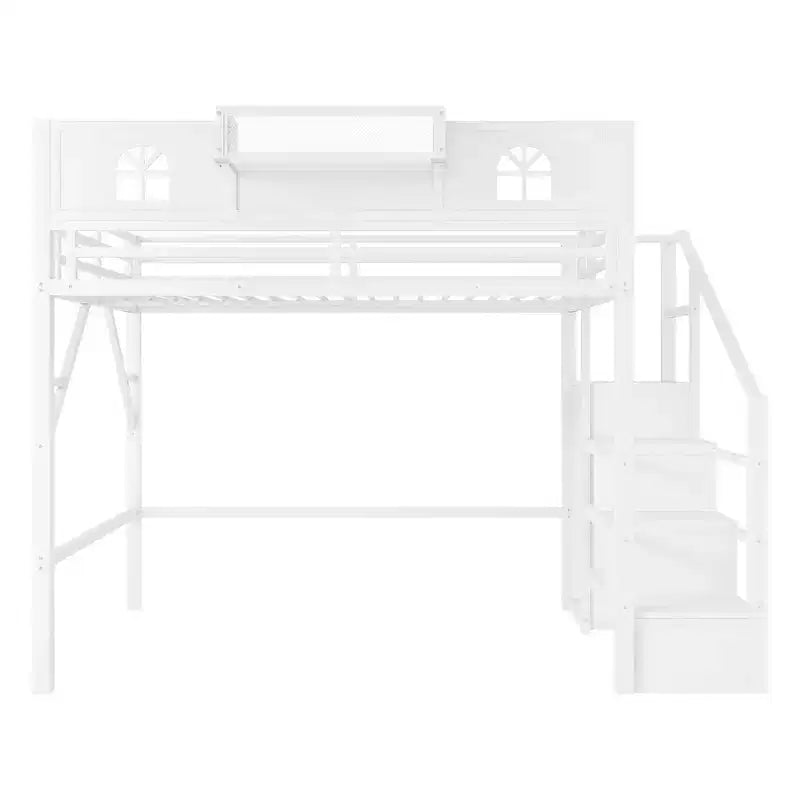 Lit mezzanine complet en métal Whisen avec escaliers, garde-corps hauts en forme de maison et armoire pour enfants et adolescents