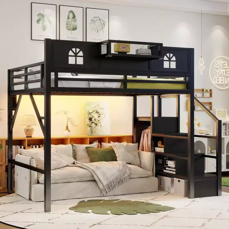 Lit mezzanine complet en métal Whisen avec escaliers, garde-corps hauts en forme de maison et armoire pour enfants et adolescents