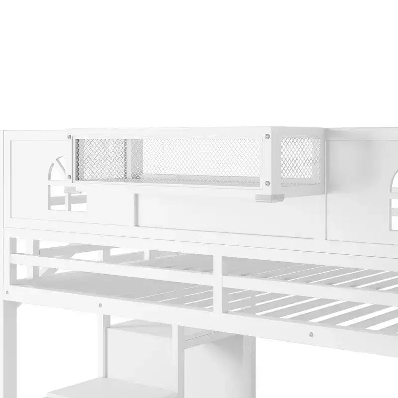 Lit mezzanine complet en métal Whisen avec escaliers, garde-corps hauts en forme de maison et armoire pour enfants et adolescents