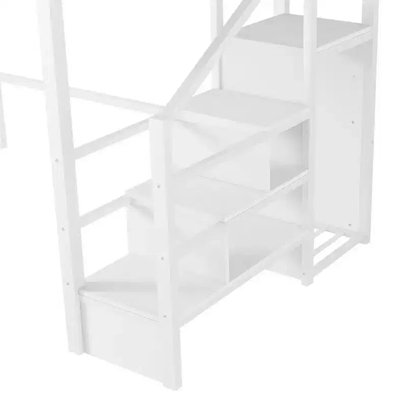 Lit mezzanine complet en métal Whisen avec escaliers, garde-corps hauts en forme de maison et armoire pour enfants et adolescents