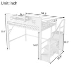 Lit mezzanine complet en métal Whisen avec escaliers, garde-corps hauts en forme de maison et armoire pour enfants et adolescents