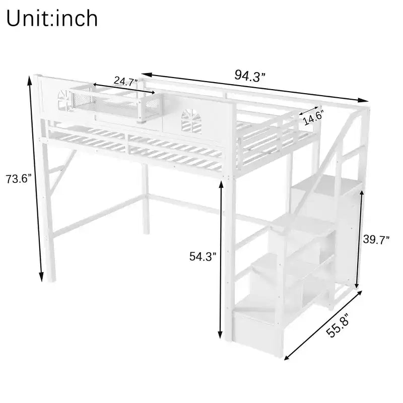Lit mezzanine complet en métal Whisen avec escaliers, garde-corps hauts en forme de maison et armoire pour enfants et adolescents
