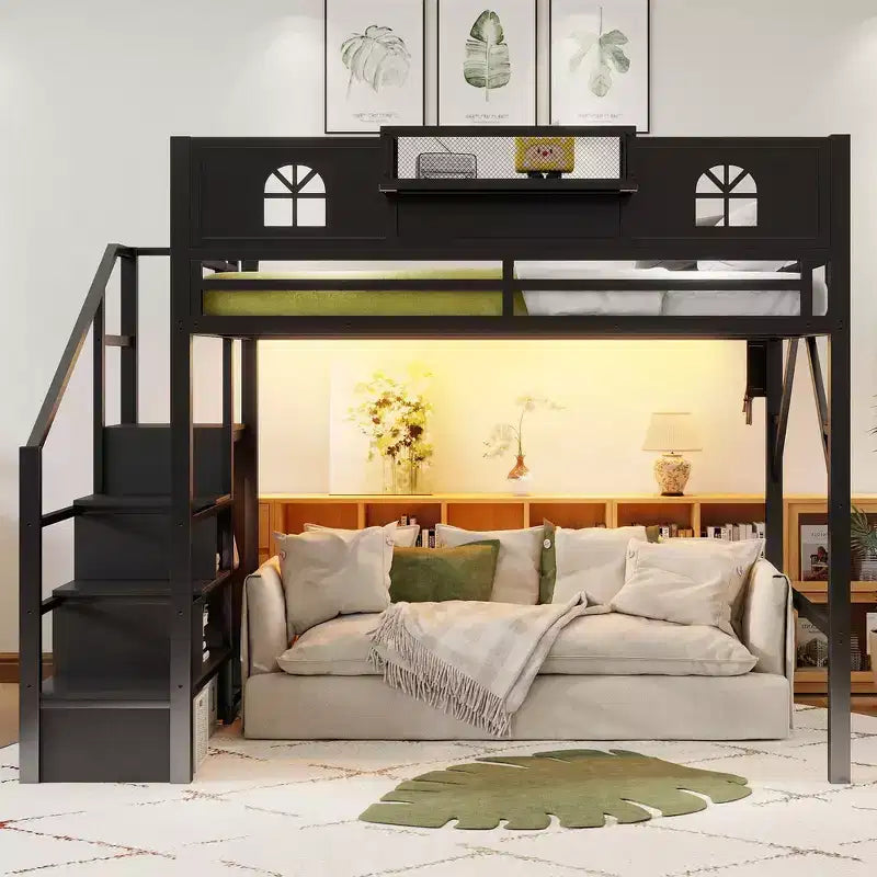 Lit mezzanine complet en métal Whisen avec escaliers, garde-corps hauts en forme de maison et armoire pour enfants et adolescents