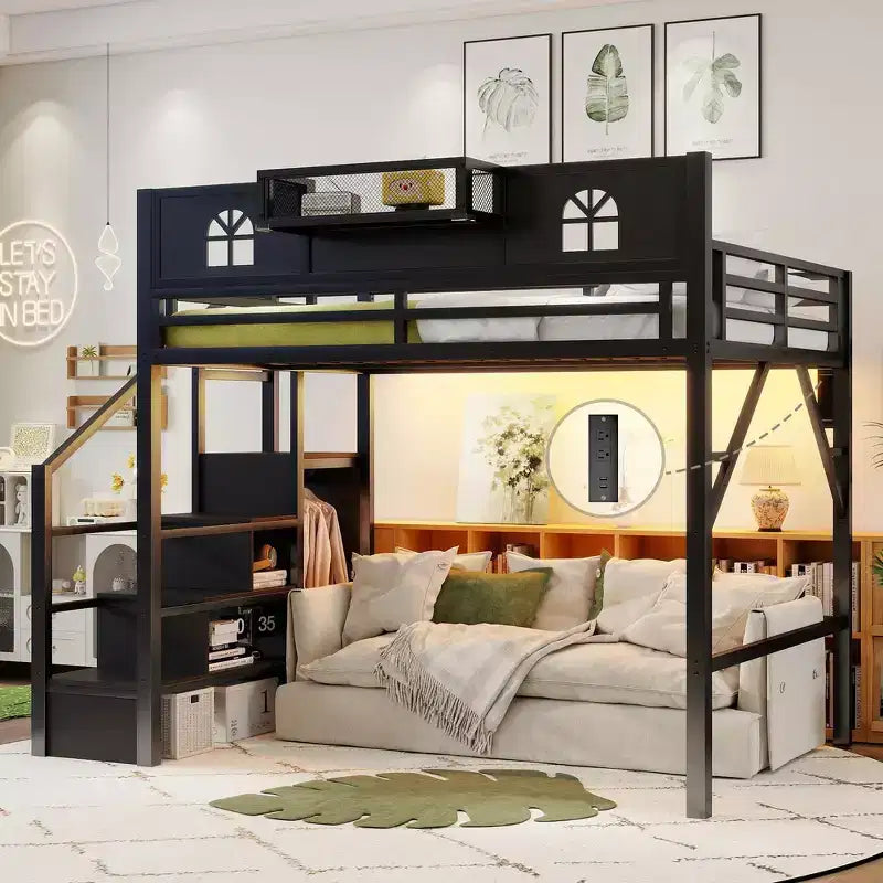 Lit mezzanine complet en métal Whisen avec escaliers, garde-corps hauts en forme de maison et armoire pour enfants et adolescents