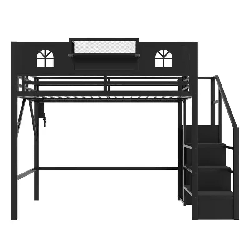 Lit mezzanine complet en métal Whisen avec escaliers, garde-corps hauts en forme de maison et armoire pour enfants et adolescents