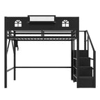 Lit mezzanine complet en métal Whisen avec escaliers, garde-corps hauts en forme de maison et armoire pour enfants et adolescents