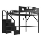 Lit mezzanine complet en métal Whisen avec escaliers, garde-corps hauts en forme de maison et armoire pour enfants et adolescents