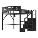 Lit mezzanine complet en métal Whisen avec escaliers, garde-corps hauts en forme de maison et armoire pour enfants et adolescents