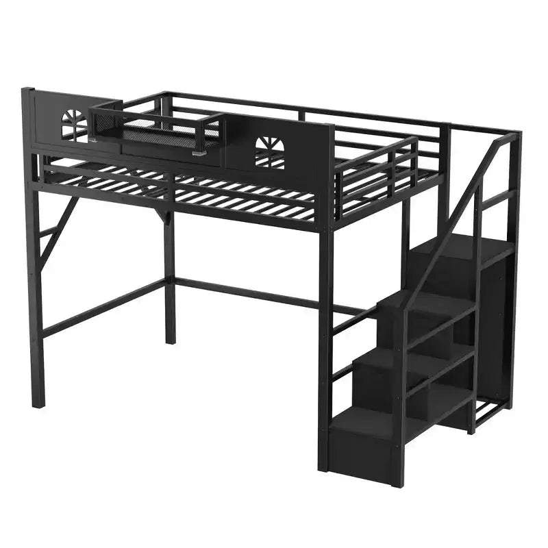 Lit mezzanine complet en métal Whisen avec escaliers, garde-corps hauts en forme de maison et armoire pour enfants et adolescents