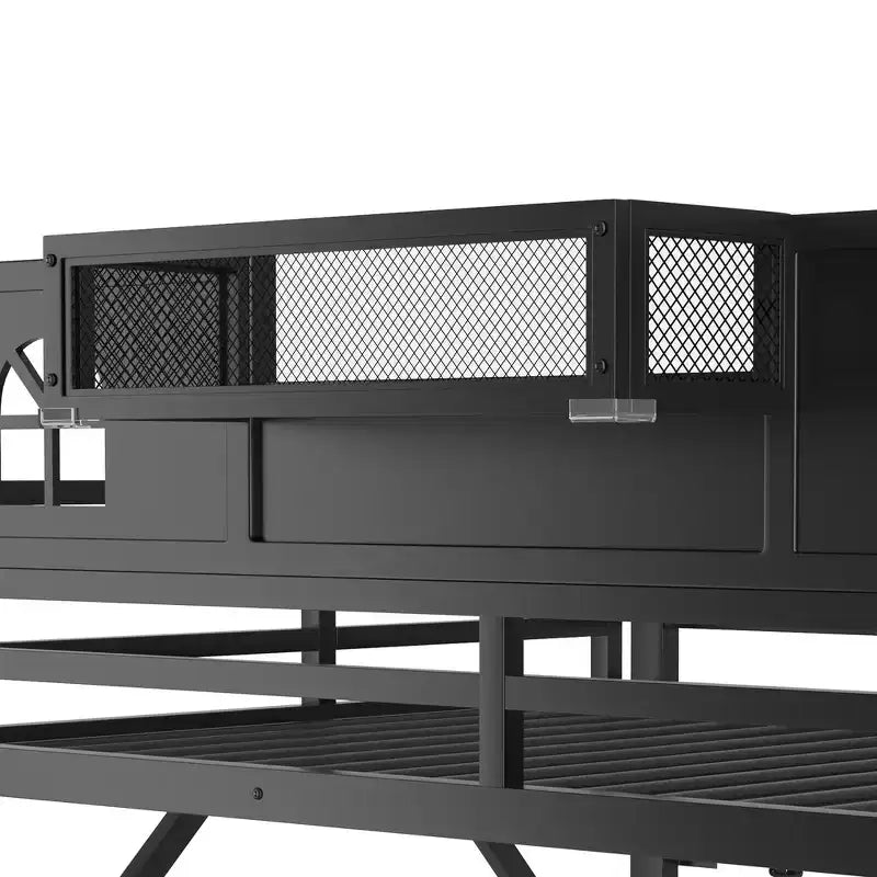Lit mezzanine complet en métal Whisen avec escaliers, garde-corps hauts en forme de maison et armoire pour enfants et adolescents