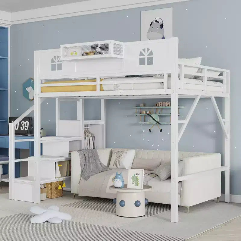 Lit mezzanine complet en métal Whisen avec escaliers, garde-corps hauts en forme de maison et armoire pour enfants et adolescents