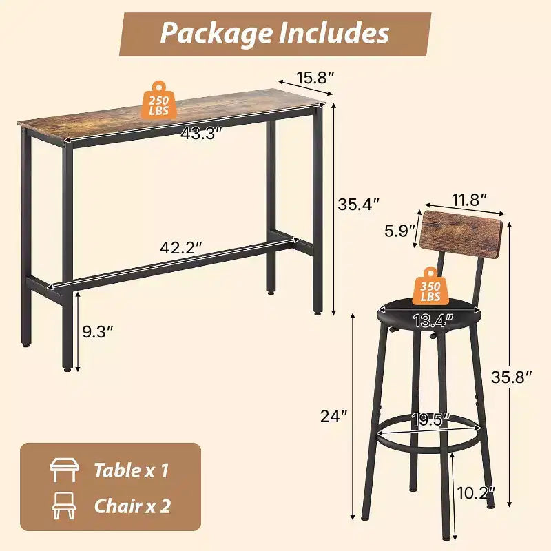 Ensemble de table à hauteur de comptoir 3 pièces Zevemomo, table de bistrot de 31,5 po avec 2 tabourets, ensemble de salle à manger de cuisine peu encombrant pour les petits espaces, marron