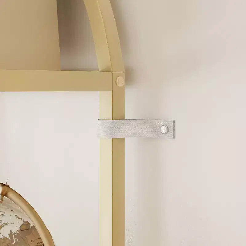 Bibliothèque à 6 étagères, bibliothèque de luxe arquée, design moderne en métal et bois, adaptée au salon, au bureau et à la chambre.
