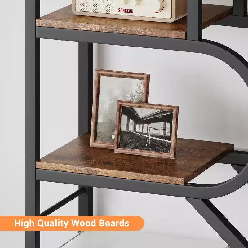 Bibliothèque à 6 étagères, bibliothèque de luxe arquée, design moderne en métal et bois, adaptée au salon, au bureau et à la chambre.