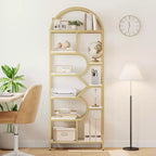 Bibliothèque à 6 étagères, bibliothèque de luxe arquée, design moderne en métal et bois, adaptée au salon, au bureau et à la chambre.