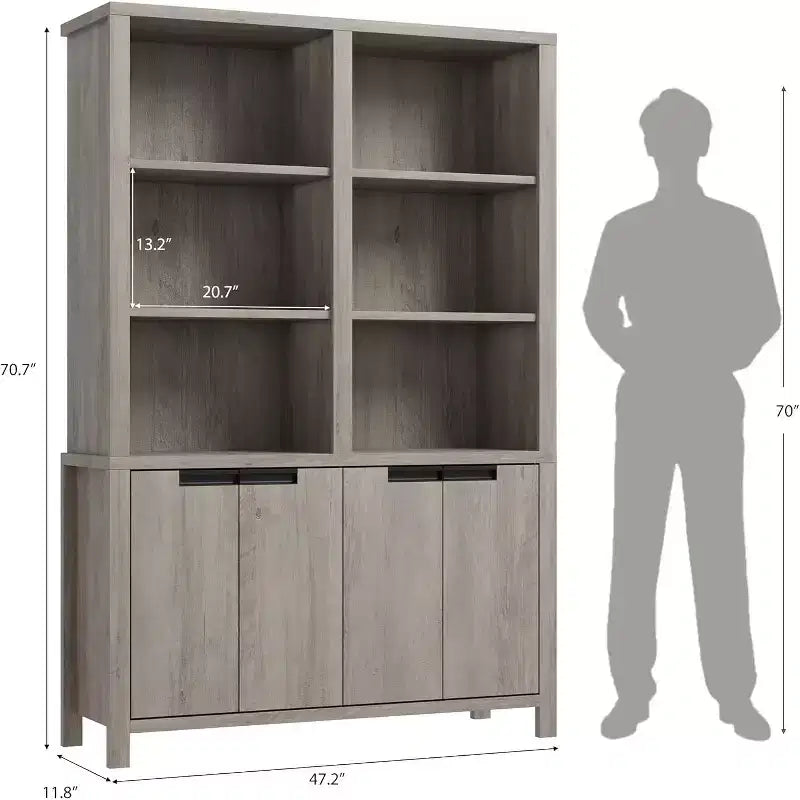 Bibliothèque haute de 180 cm, étagère à 3 niveaux double largeur avec portes d'armoire, grande bibliothèque autoportante adaptée au salon, au bureau, à la bibliothèque