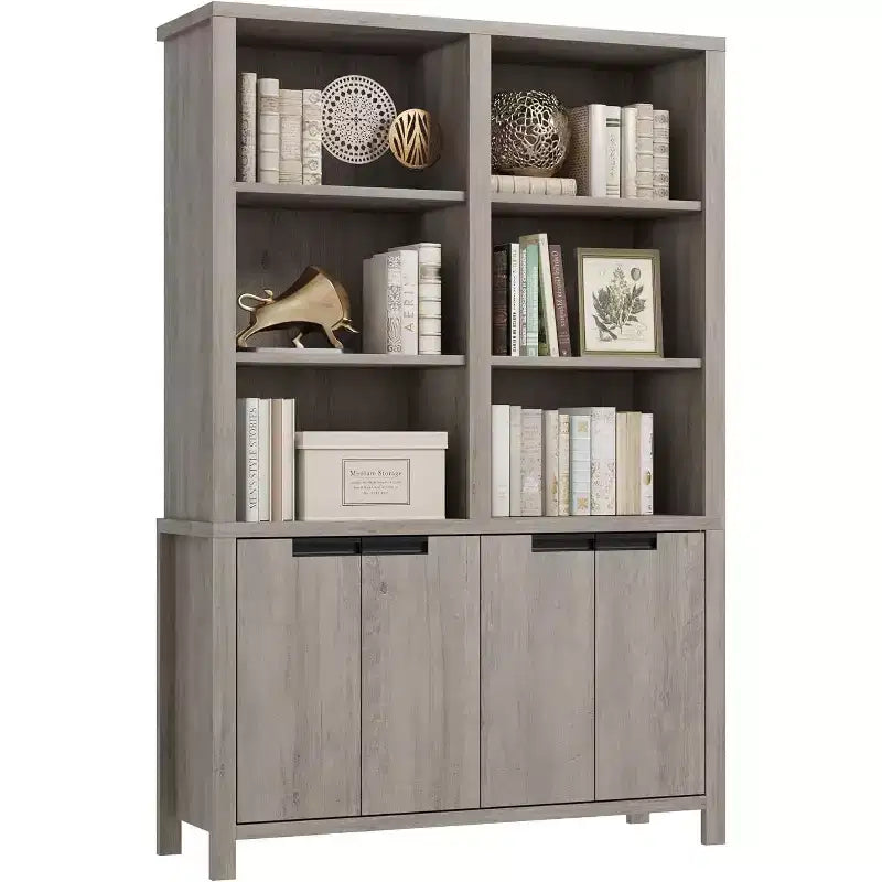 Bibliothèque haute de 180 cm, étagère à 3 niveaux double largeur avec portes d'armoire, grande bibliothèque autoportante adaptée au salon, au bureau, à la bibliothèque