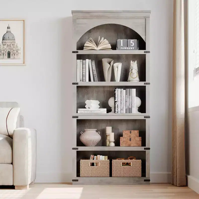 Bibliothèque arquée, étagère à 5 niveaux, bibliothèque de style ferme de 174,5 cm de haut, étagère de rangement incurvée pour le bureau à domicile, le salon