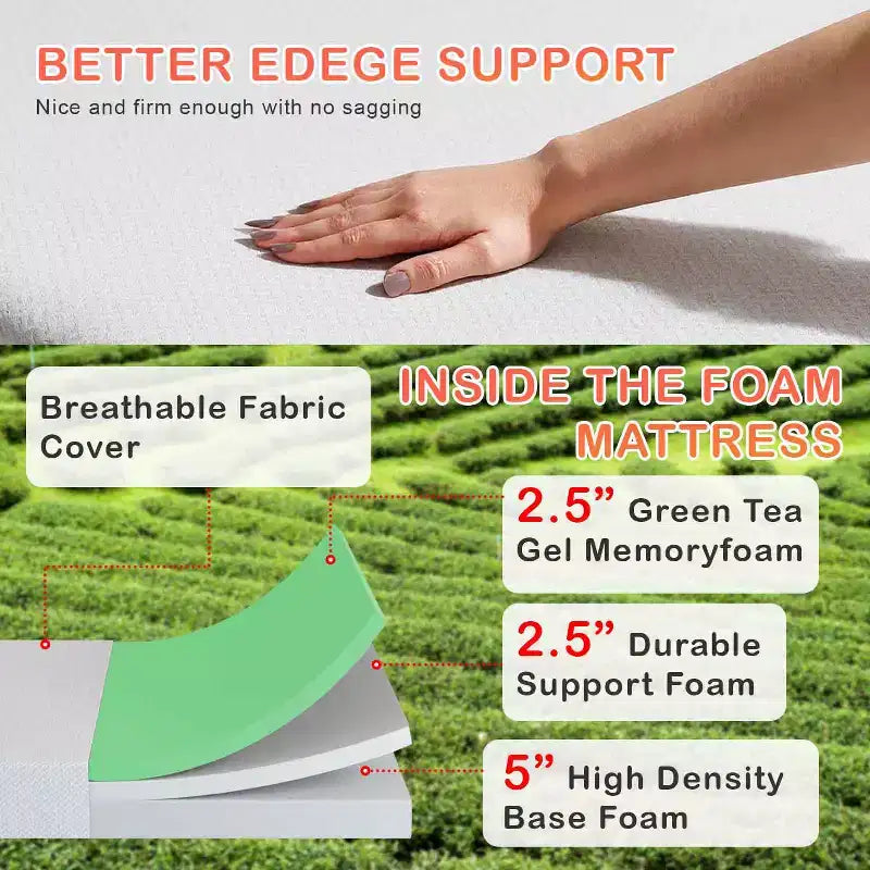 BestMassage Matelas à mémoire de forme au thé vert de 10 pouces, infusé de gel rafraîchissant, matelas à fermeté moyenne