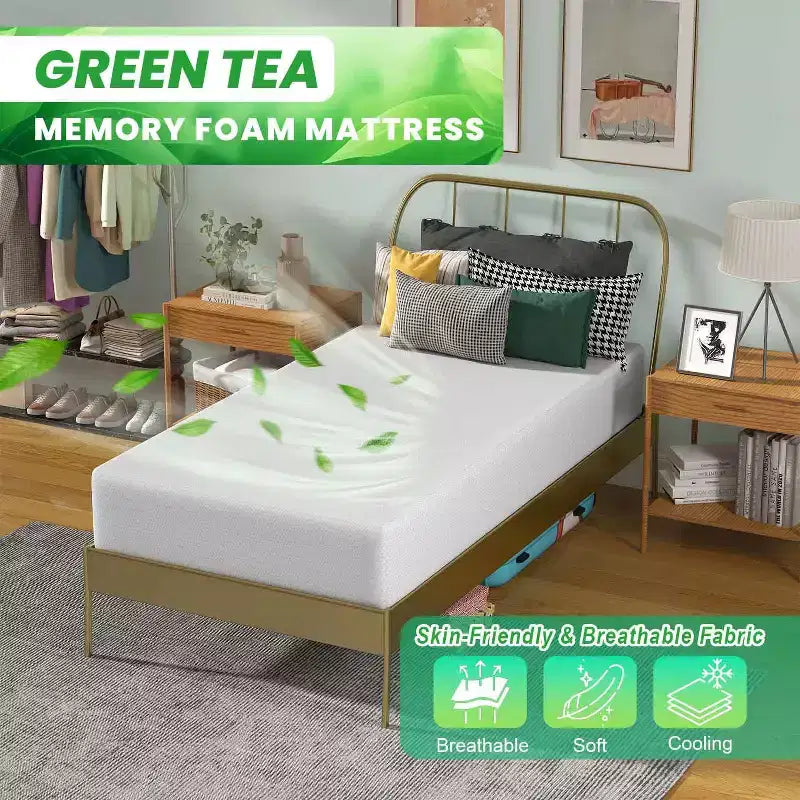 BestMassage Matelas à mémoire de forme au thé vert de 10 pouces, infusé de gel rafraîchissant, matelas à fermeté moyenne