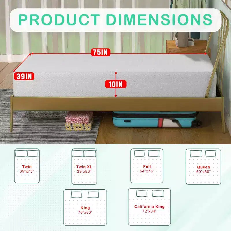 BestMassage Matelas à mémoire de forme au thé vert de 10 pouces, infusé de gel rafraîchissant, matelas à fermeté moyenne