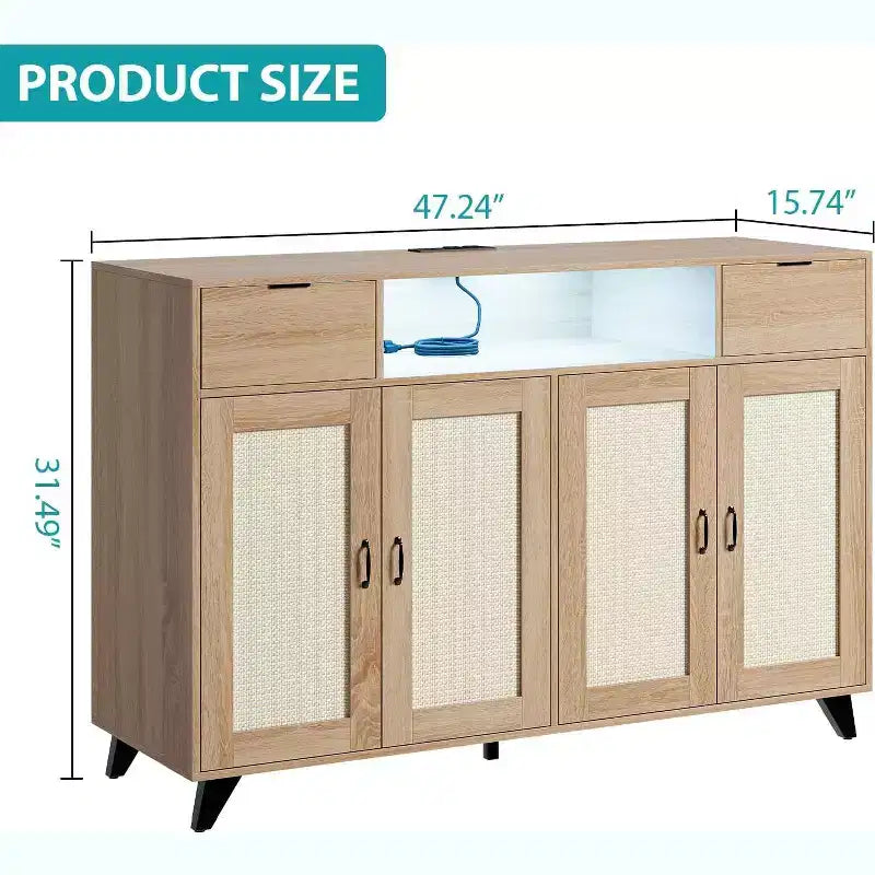 Meuble buffet en rotin avec 2 tiroirs de rangement, buffet en bois de style bohème avec station de recharge et lumières LED, pour salon