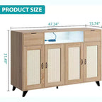 Meuble buffet en rotin avec 2 tiroirs de rangement, buffet en bois de style bohème avec station de recharge et lumières LED, pour salon