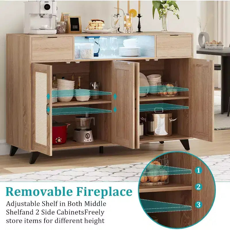 Meuble buffet en rotin avec 2 tiroirs de rangement, buffet en bois de style bohème avec station de recharge et lumières LED, pour salon