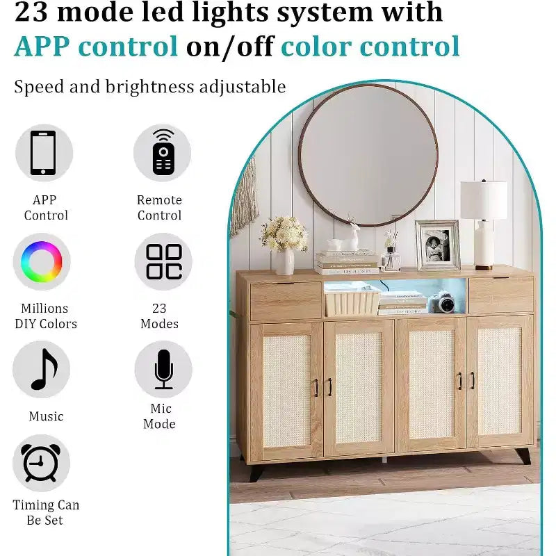 Meuble buffet en rotin avec 2 tiroirs de rangement, buffet en bois de style bohème avec station de recharge et lumières LED, pour salon