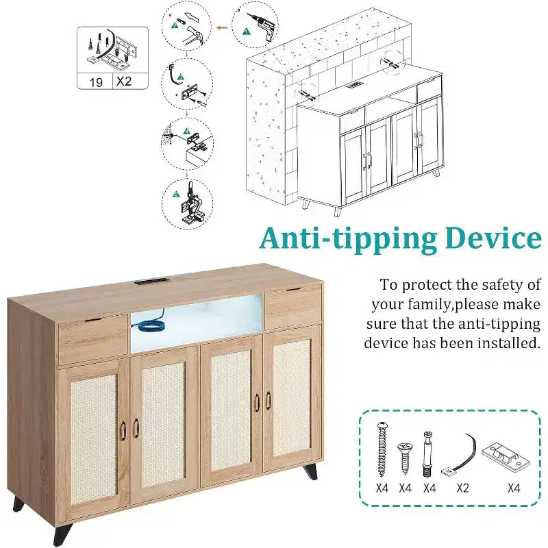 Meuble buffet en rotin avec 2 tiroirs de rangement, buffet en bois de style bohème avec station de recharge et lumières LED, pour salon