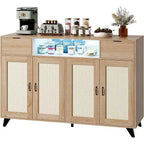 Meuble buffet en rotin avec 2 tiroirs de rangement, buffet en bois de style bohème avec station de recharge et lumières LED, pour salon