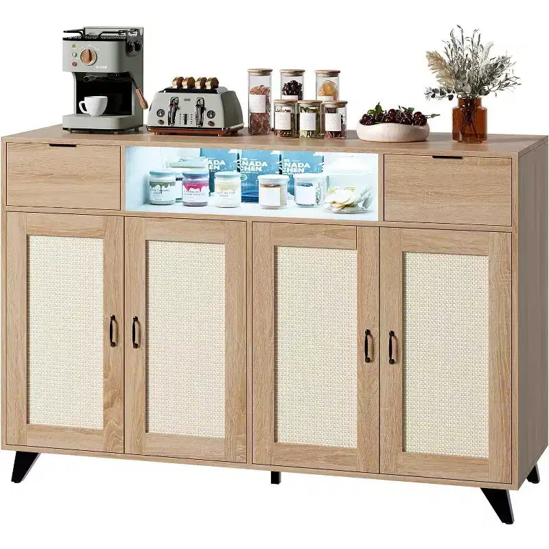 Meuble buffet en rotin avec 2 tiroirs de rangement, buffet en bois de style bohème avec station de recharge et lumières LED, pour salon