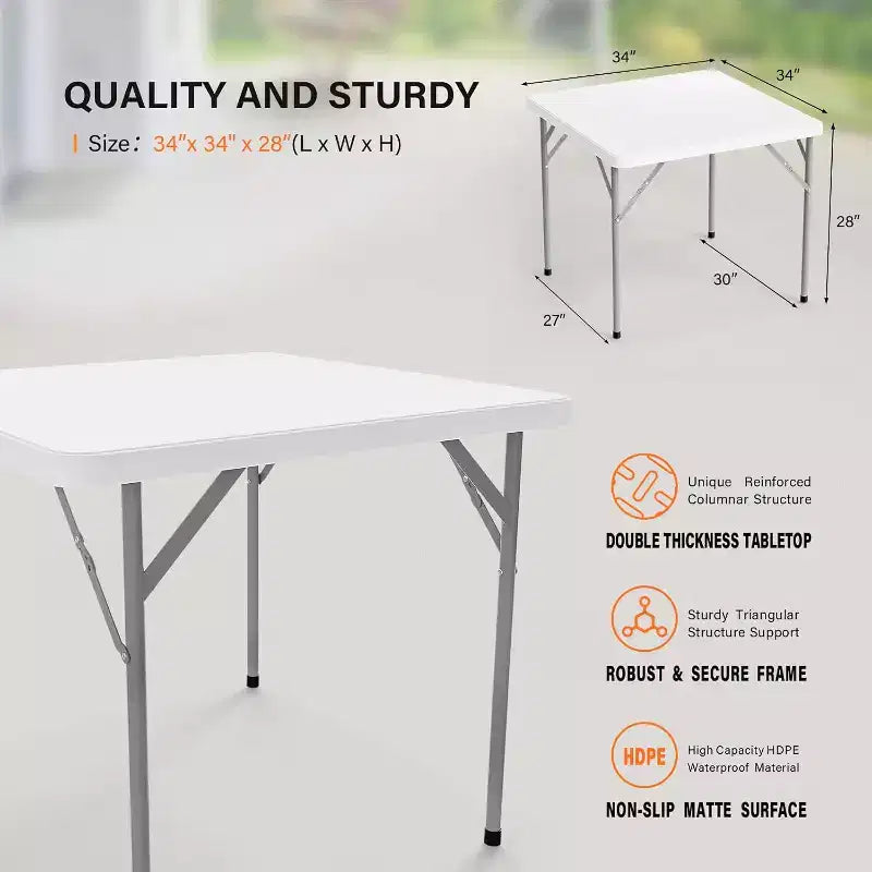 VINGLI Table carrée blanche, 86 cm, pieds pliables, plateau complet, facile à installer et à ranger, pliable et portable pour l'intérieur et l'extérieur