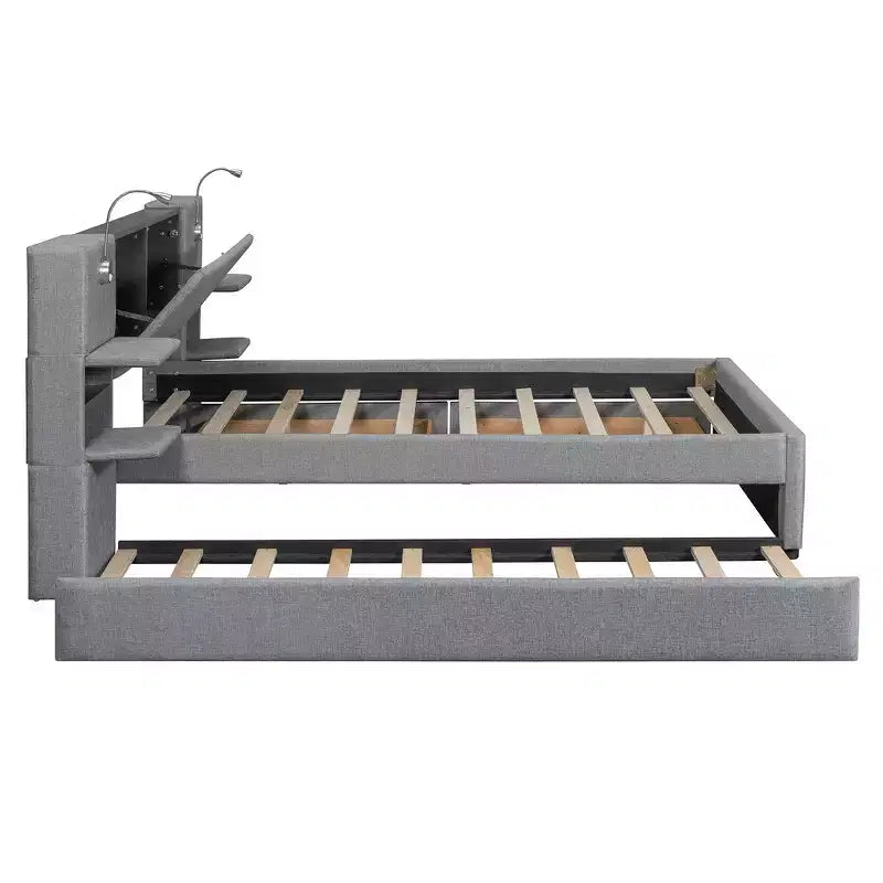 Lit plateforme queen rembourré Whisen avec tiroirs de rangement, étagères, lit gigogne et liseuses