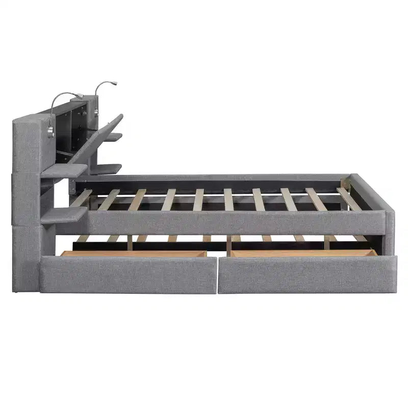 Lit plateforme queen rembourré Whisen avec tiroirs de rangement, étagères, lit gigogne et liseuses