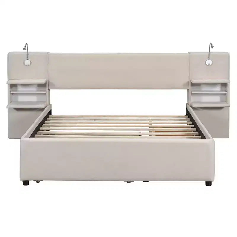 Lit plateforme queen rembourré Whisen avec tiroirs de rangement, étagères, lit gigogne et liseuses