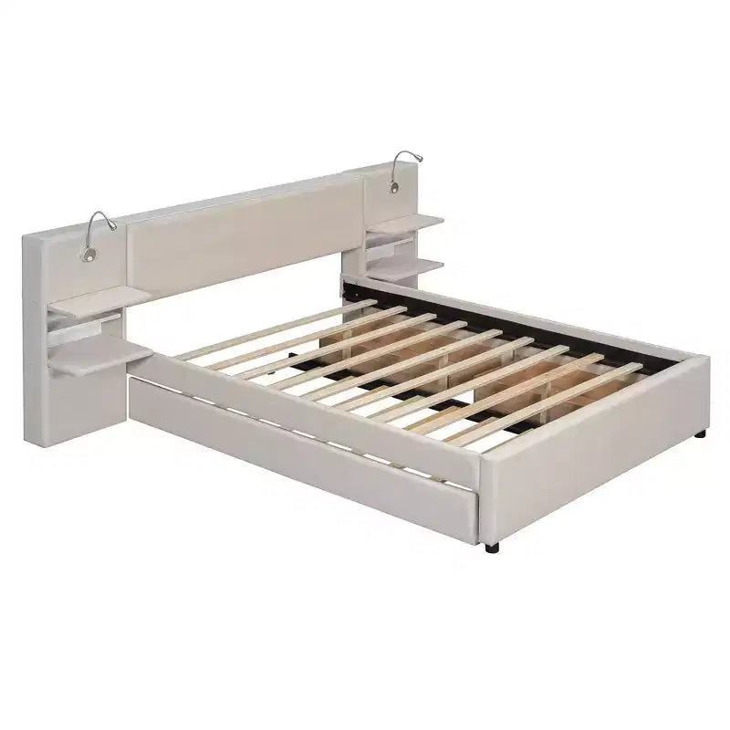 Lit plateforme queen rembourré Whisen avec tiroirs de rangement, étagères, lit gigogne et liseuses