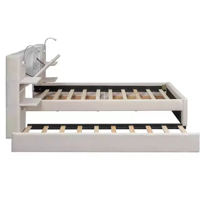 Lit plateforme queen rembourré Whisen avec tiroirs de rangement, étagères, lit gigogne et liseuses