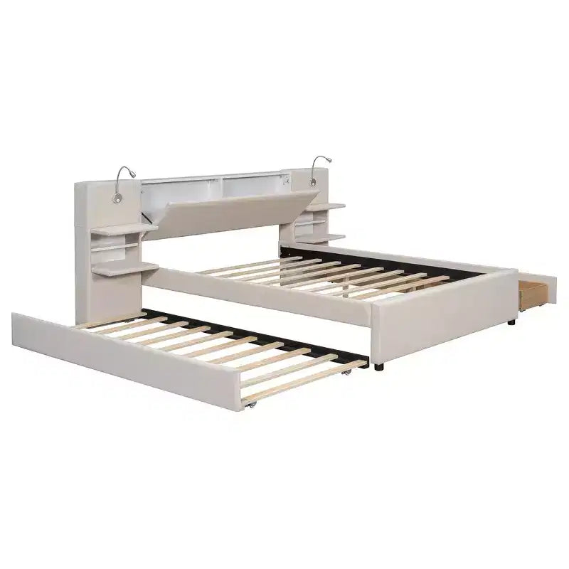 Lit plateforme queen rembourré Whisen avec tiroirs de rangement, étagères, lit gigogne et liseuses